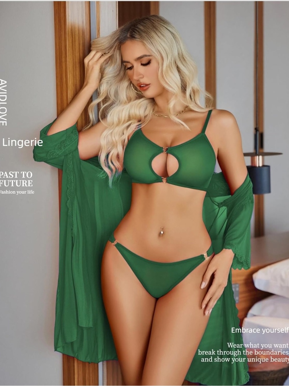 Green Cutout Bra & Brief Set with Sheer Robe